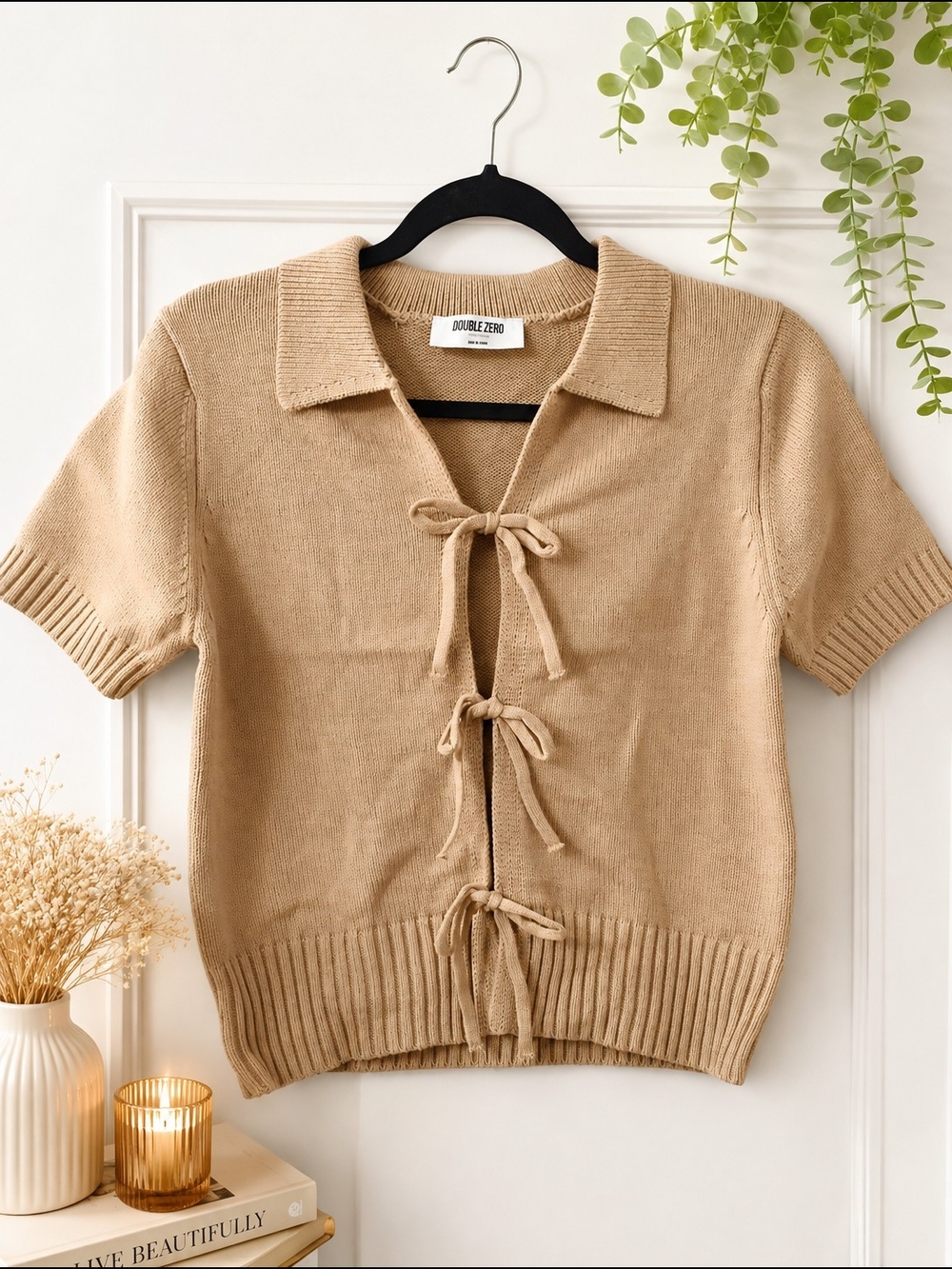 Double Zero Tan Knit Tie Front Polo Cardigan Top Balletcore Y2K Size Small
